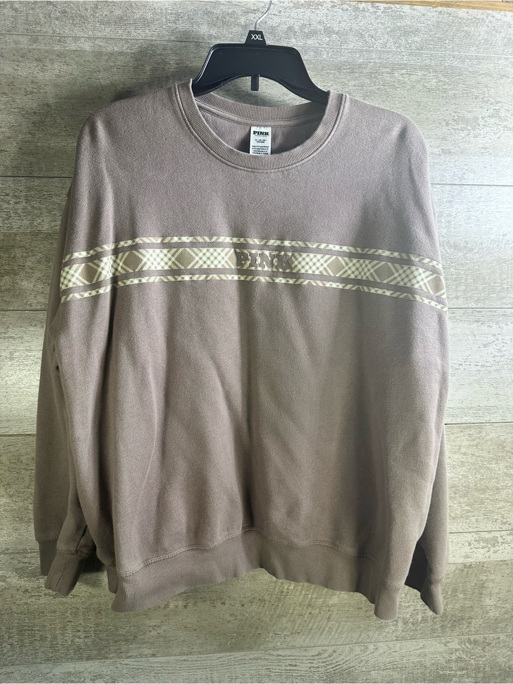 VS PINK Iced Coffee Brown Plaid Graphic Chest Stripe Crewneck Sweatshirt XL